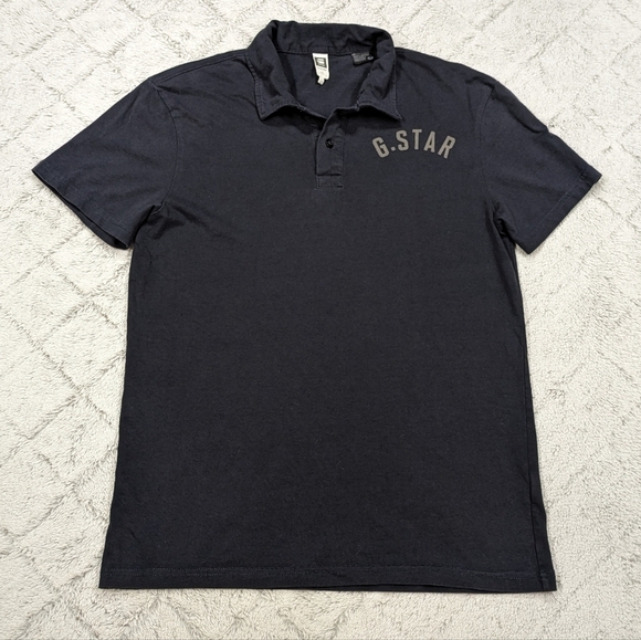 G-Star Raw Polo Shirt Men's L Blue Navy Fenster Short Sleeve Cotton Spellout - Picture 1 of 9